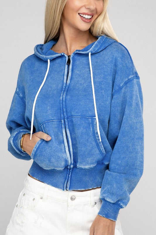 Acid Wash Fleece Cropped Zip-Up Hoodie by ZENANA | Fleurcouture