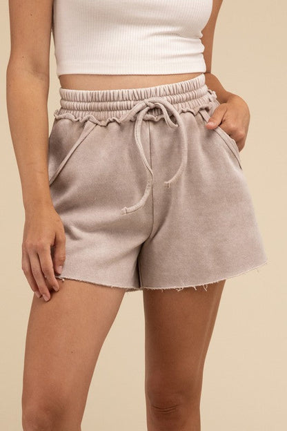 Acid Wash Fleece Drawstring Shorts with Pockets ASH MOCHA S by ZENANA | Fleurcouture