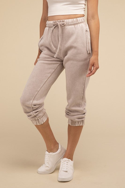 Acid Wash Fleece Sweatpants with Pockets ASH MOCHA M by ZENANA | Fleurcouture