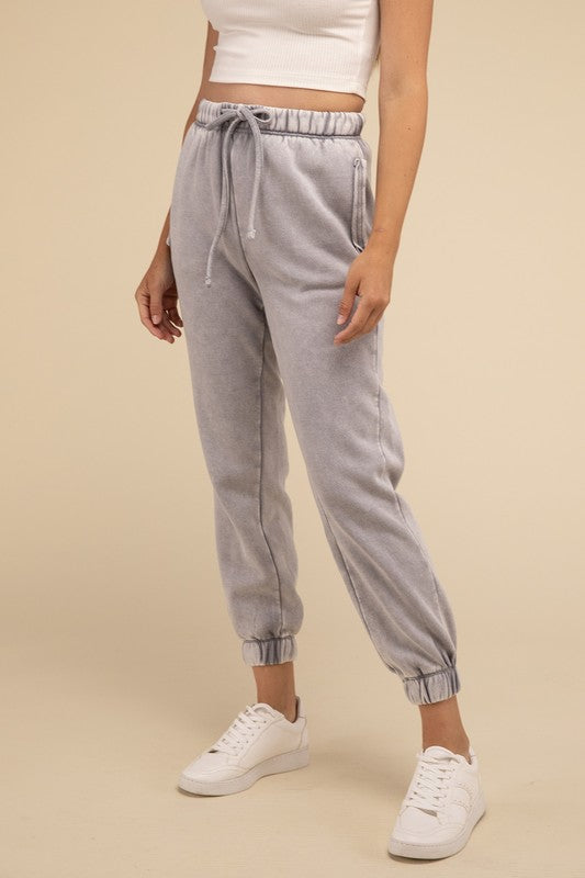 Acid Wash Fleece Sweatpants with Pockets SLEET S by ZENANA | Fleurcouture