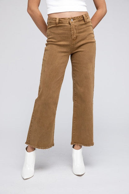 Acid Wash Frayed Cutoff Hem Straight Wide Pants DEEP CAMEL M by ZENANA | Fleurcouture