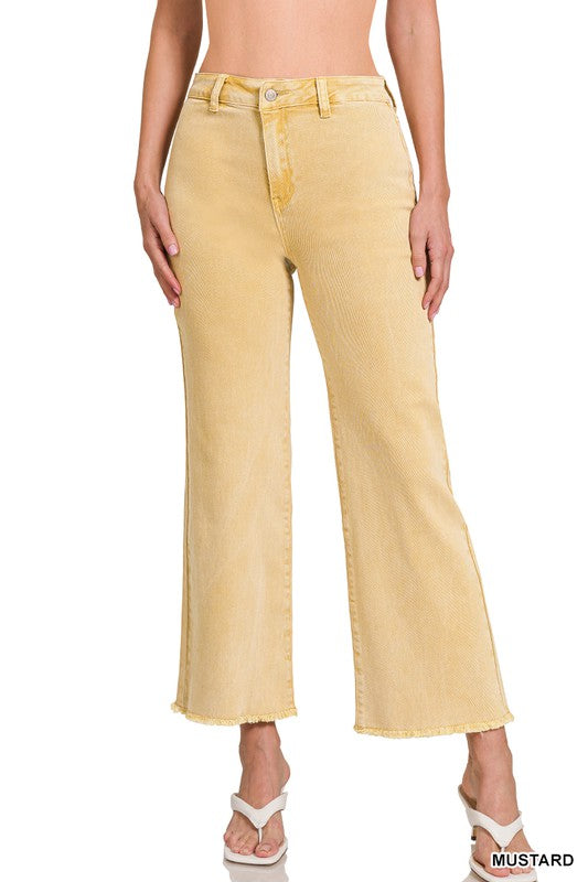 Acid Wash Frayed Cutoff Hem Straight Wide Pants MUSTARD M by ZENANA | Fleurcouture