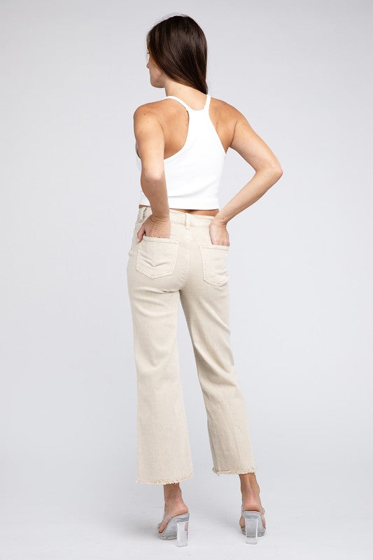 Acid Wash Frayed Cutoff Hem Straight Wide Pants by ZENANA | Fleurcouture