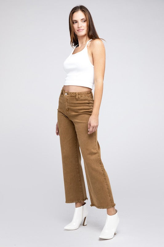 Acid Wash Frayed Cutoff Hem Straight Wide Pants by ZENANA | Fleurcouture