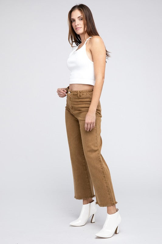 Acid Wash Frayed Cutoff Hem Straight Wide Pants by ZENANA | Fleurcouture