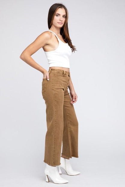 Acid Wash Frayed Cutoff Hem Straight Wide Pants by ZENANA | Fleurcouture