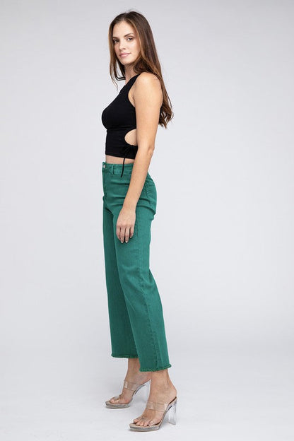 Acid Wash Frayed Cutoff Hem Straight Wide Pants by ZENANA | Fleurcouture