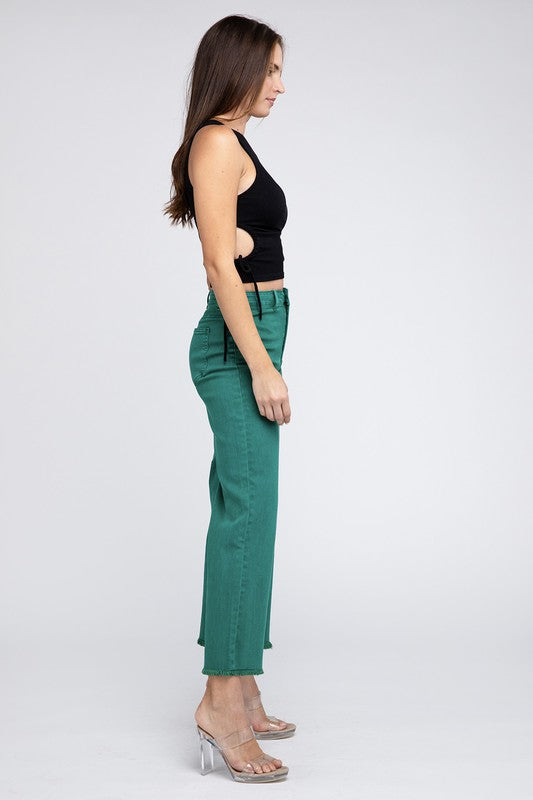 Acid Wash Frayed Cutoff Hem Straight Wide Pants by ZENANA | Fleurcouture