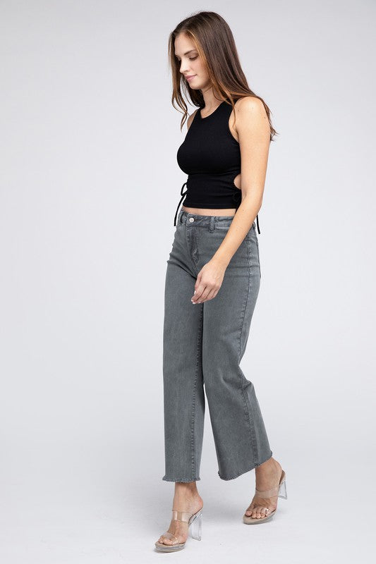 Acid Wash Frayed Cutoff Hem Straight Wide Pants by ZENANA | Fleurcouture