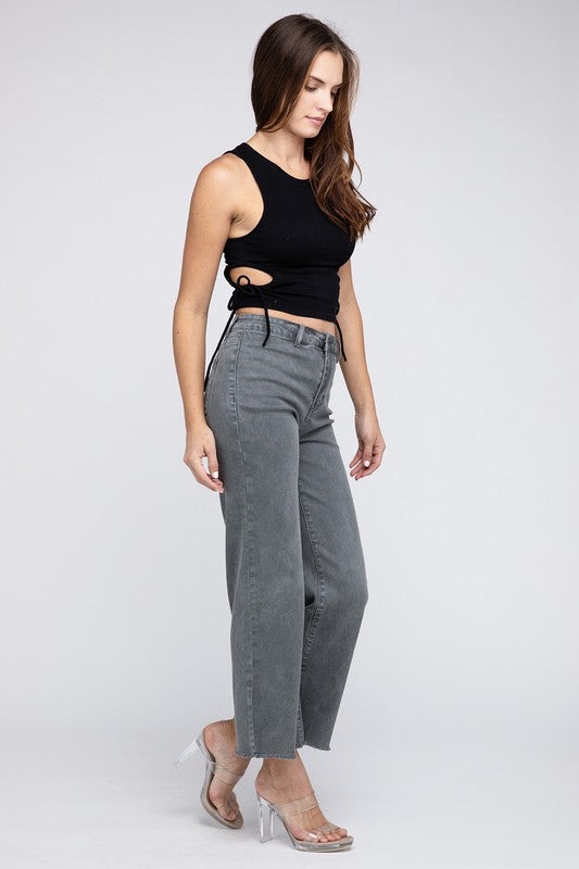 Acid Wash Frayed Cutoff Hem Straight Wide Pants by ZENANA | Fleurcouture