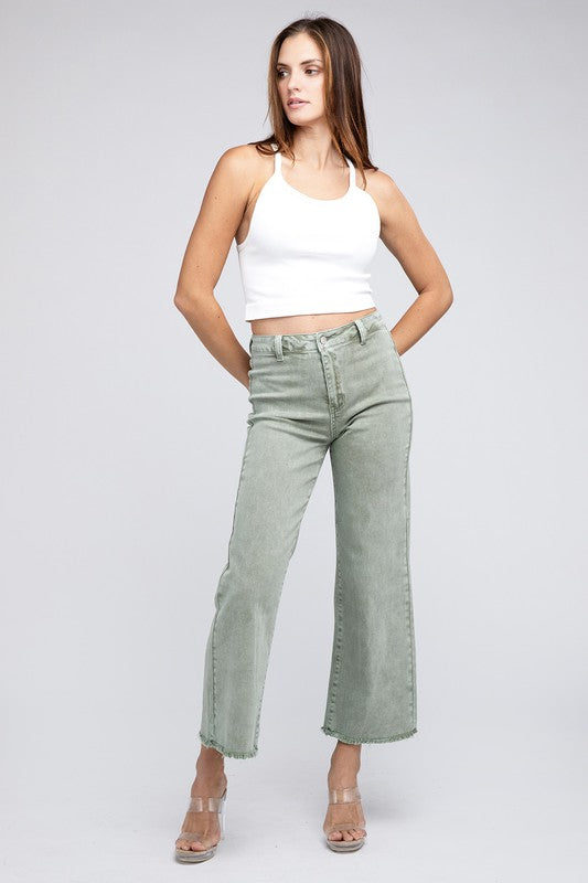 Acid Wash Frayed Cutoff Hem Straight Wide Pants by ZENANA | Fleurcouture