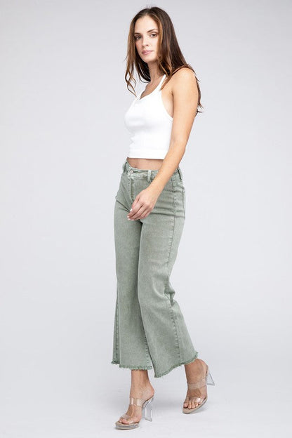 Acid Wash Frayed Cutoff Hem Straight Wide Pants by ZENANA | Fleurcouture