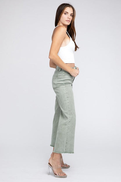 Acid Wash Frayed Cutoff Hem Straight Wide Pants by ZENANA | Fleurcouture