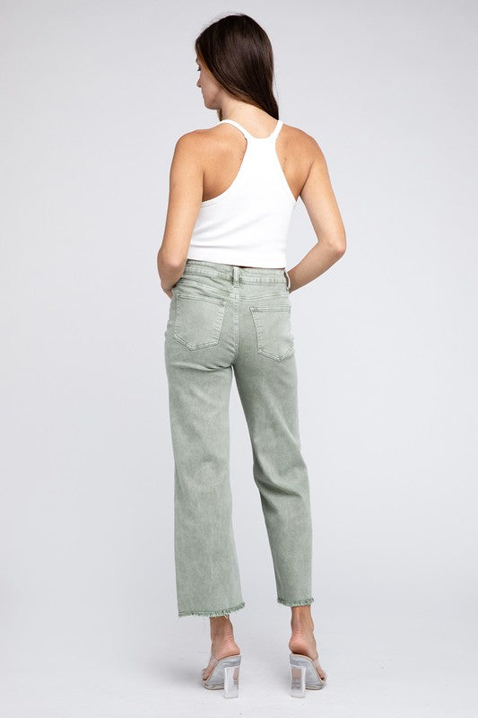 Acid Wash Frayed Cutoff Hem Straight Wide Pants by ZENANA | Fleurcouture