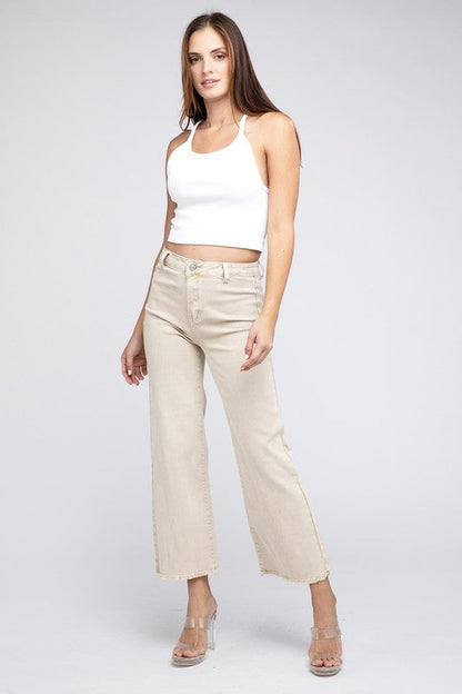 Acid Wash Frayed Cutoff Hem Straight Wide Pants by ZENANA | Fleurcouture