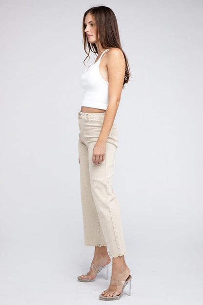 Acid Wash Frayed Cutoff Hem Straight Wide Pants by ZENANA | Fleurcouture