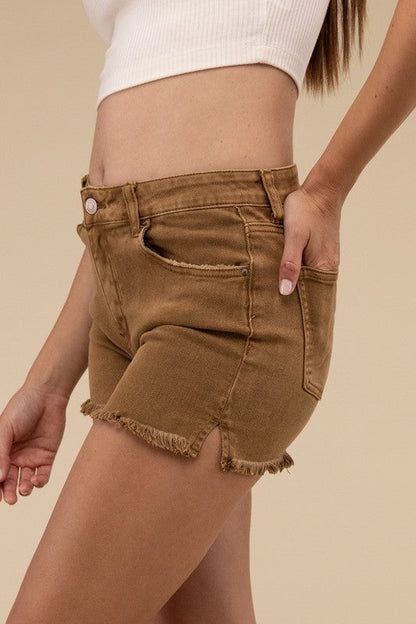 Acid Washed Frayed Cutoff Hem Shorts DEEP CAMEL S by ZENANA | Fleurcouture