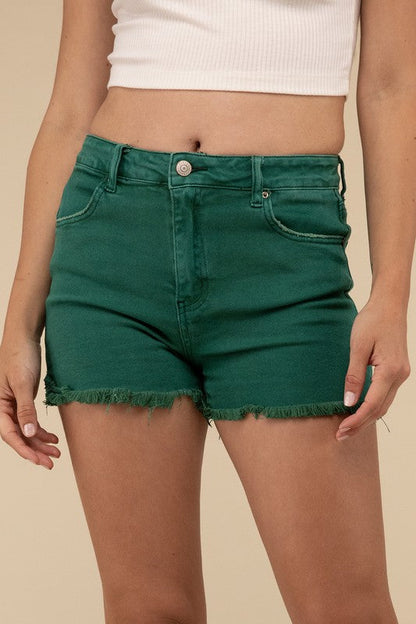 Acid Washed Frayed Cutoff Hem Shorts DK GREEN S by ZENANA | Fleurcouture