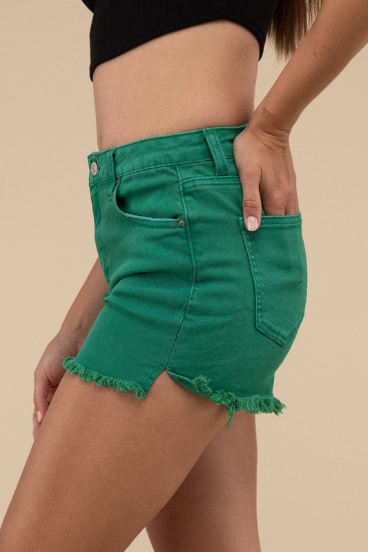 Acid Washed Frayed Cutoff Hem Shorts K GREEN S by ZENANA | Fleurcouture