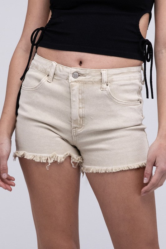 Acid Washed Frayed Cutoff Hem Shorts SAND BEIGE L by ZENANA | Fleurcouture