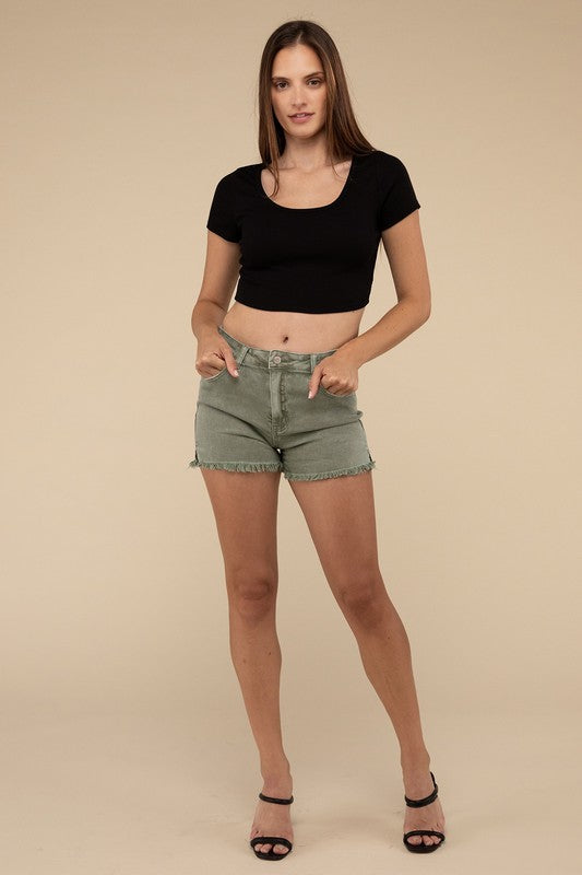 Acid Washed Frayed Cutoff Hem Shorts by ZENANA | Fleurcouture