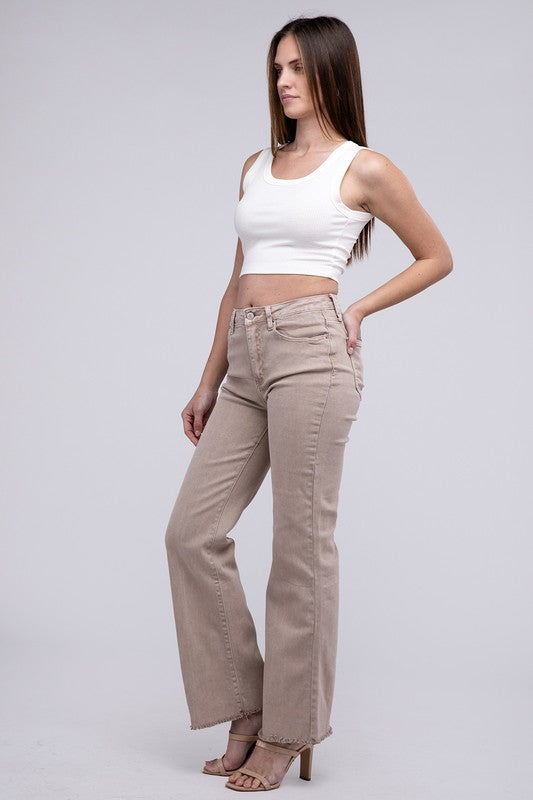 Acid Washed Frayed Cutoff Hem Straight Wide Pants by ZENANA | Fleurcouture