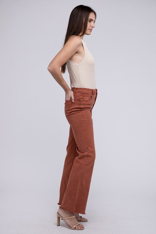 Acid Washed Frayed Cutoff Hem Straight Wide Pants by ZENANA | Fleurcouture