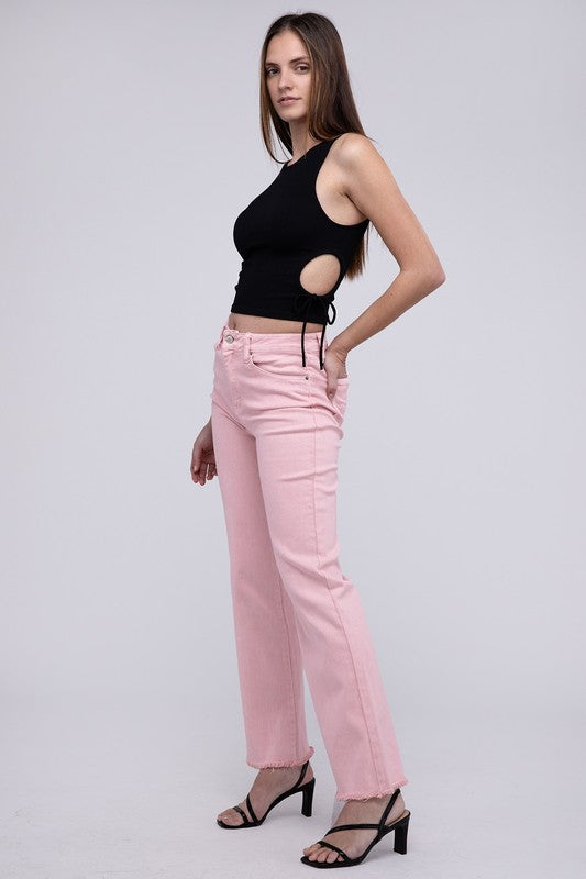 Acid Washed Frayed Cutoff Hem Straight Wide Pants by ZENANA | Fleurcouture