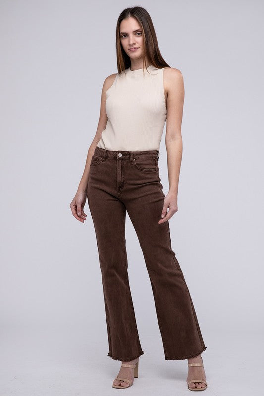 Acid Washed Frayed Cutoff Hem Straight Wide Pants by ZENANA | Fleurcouture