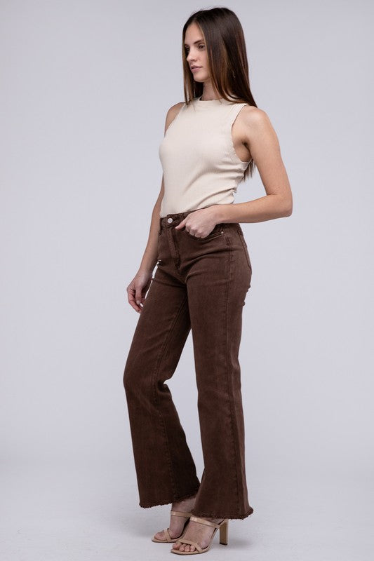 Acid Washed Frayed Cutoff Hem Straight Wide Pants by ZENANA | Fleurcouture