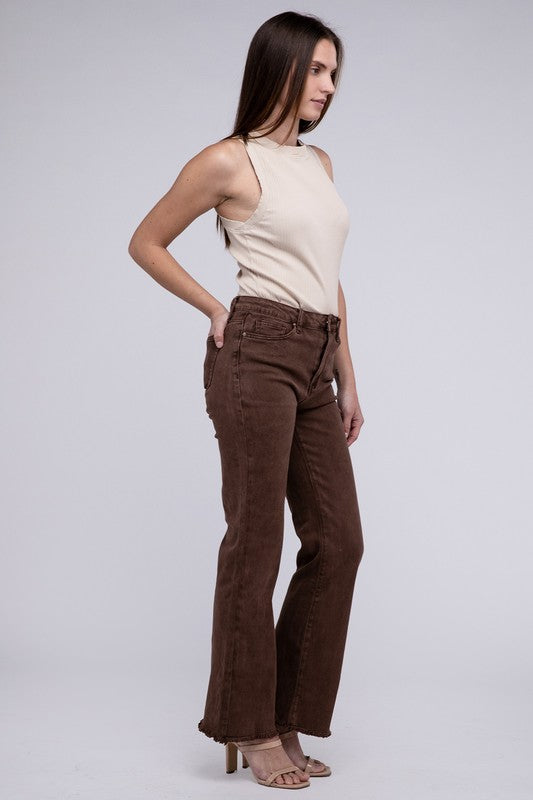 Acid Washed Frayed Cutoff Hem Straight Wide Pants by ZENANA | Fleurcouture