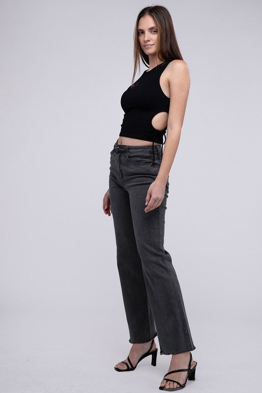 Acid Washed Frayed Cutoff Hem Straight Wide Pants by ZENANA | Fleurcouture