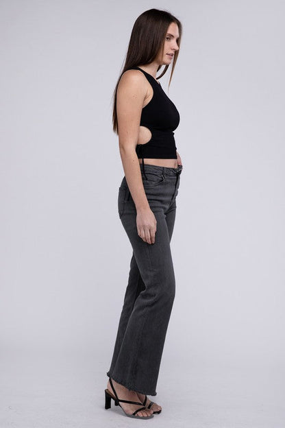 Acid Washed Frayed Cutoff Hem Straight Wide Pants by ZENANA | Fleurcouture