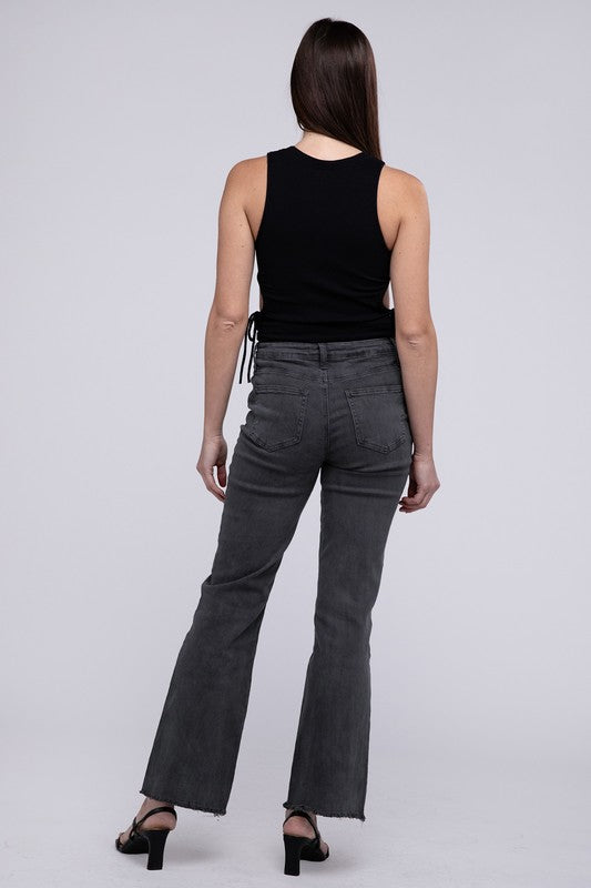 Acid Washed Frayed Cutoff Hem Straight Wide Pants by ZENANA | Fleurcouture