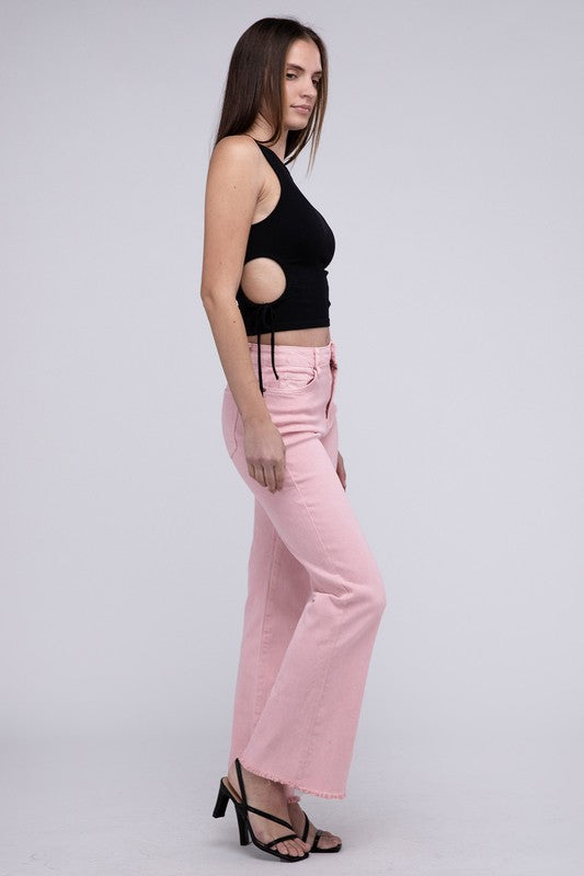 Acid Washed Frayed Cutoff Hem Straight Wide Pants by ZENANA | Fleurcouture