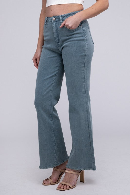 Acid Washed Frayed Cutoff Hem Straight Wide Pants by ZENANA | Fleurcouture