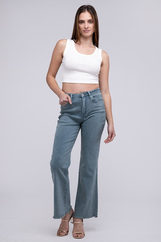 Acid Washed Frayed Cutoff Hem Straight Wide Pants by ZENANA | Fleurcouture