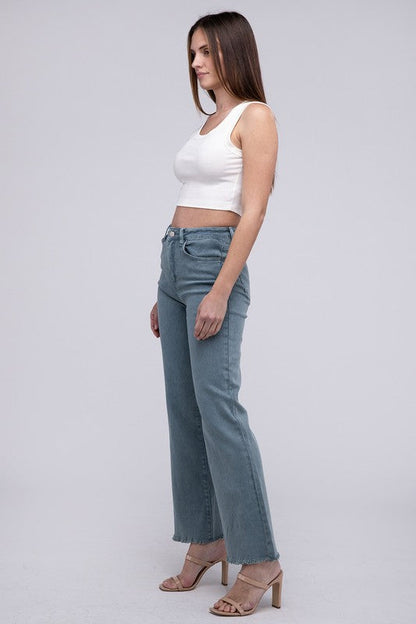 Acid Washed Frayed Cutoff Hem Straight Wide Pants by ZENANA | Fleurcouture