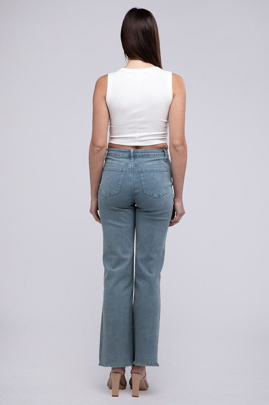 Acid Washed Frayed Cutoff Hem Straight Wide Pants by ZENANA | Fleurcouture