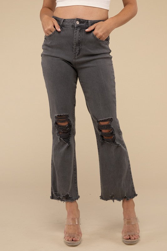 Acid Washed High Waist Distressed Straight Pants ASH BLACK S by ZENANA | Fleurcouture