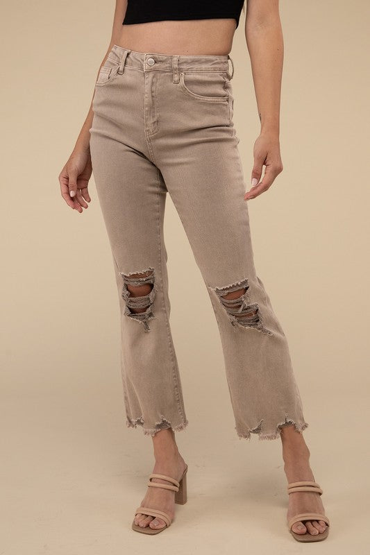 Acid Washed High Waist Distressed Straight Pants ASH MOCHA M by ZENANA | Fleurcouture