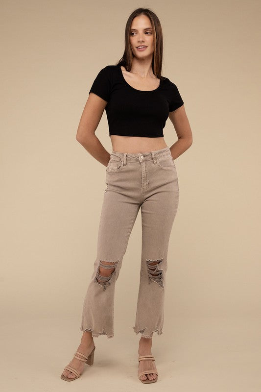 Acid Washed High Waist Distressed Straight Pants by ZENANA | Fleurcouture