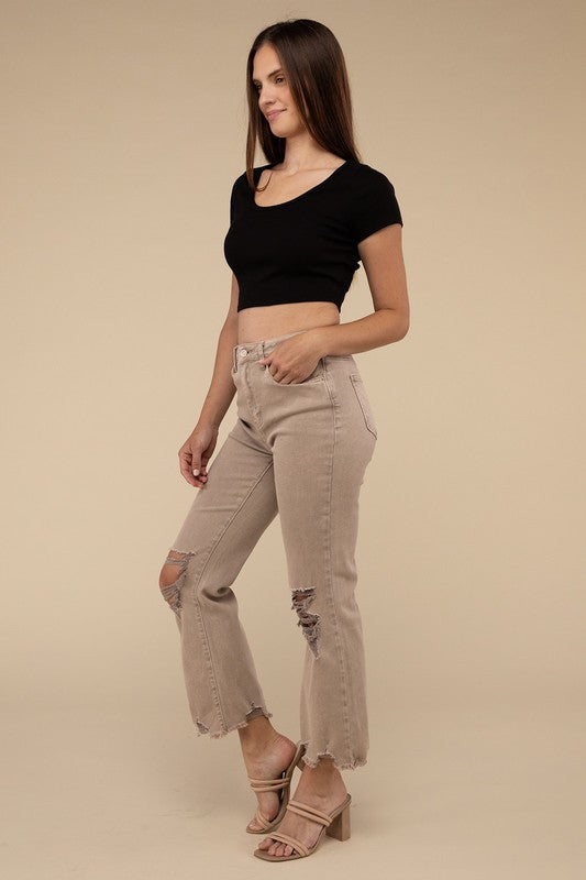 Acid Washed High Waist Distressed Straight Pants by ZENANA | Fleurcouture