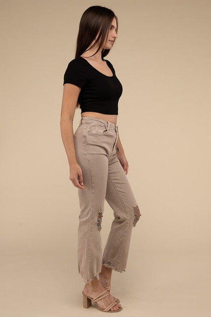 Acid Washed High Waist Distressed Straight Pants by ZENANA | Fleurcouture