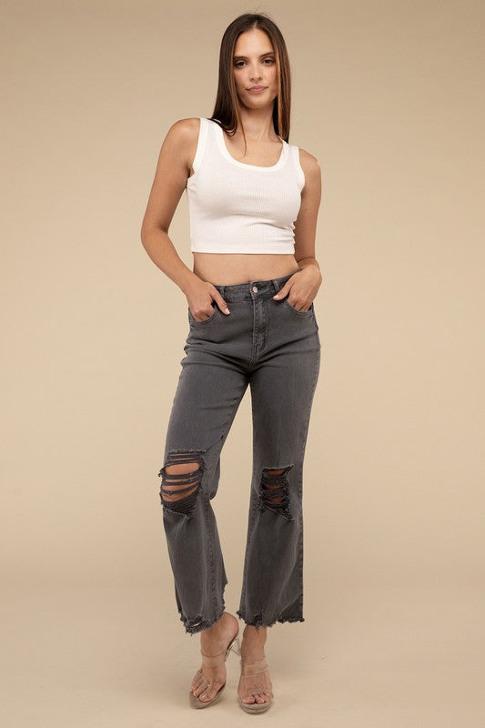 Acid Washed High Waist Distressed Straight Pants by ZENANA | Fleurcouture