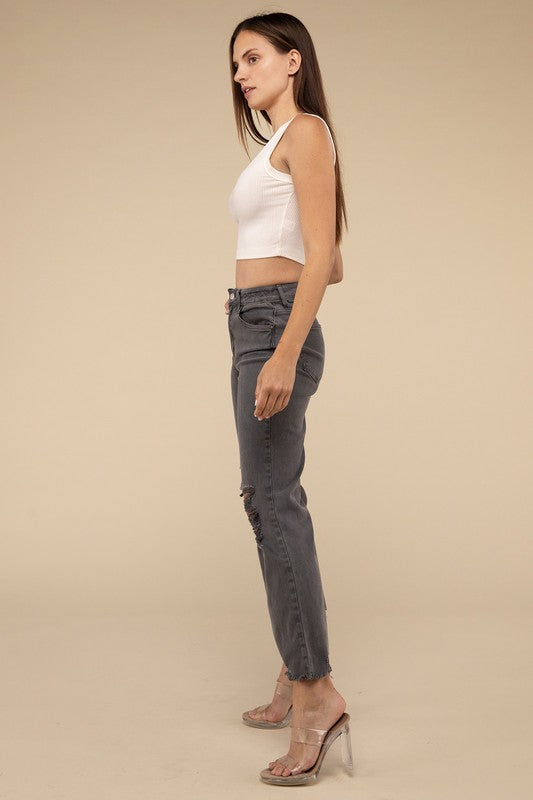 Acid Washed High Waist Distressed Straight Pants by ZENANA | Fleurcouture