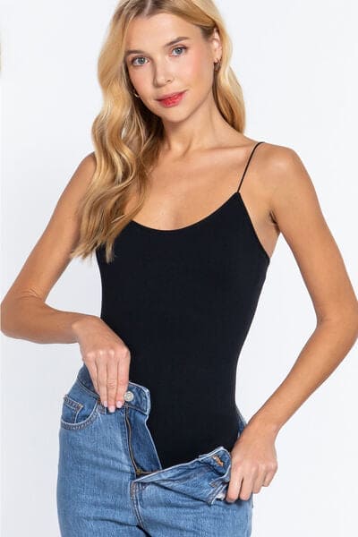 ACTIVE BASIC Ribbed Round Neck Seamless Cami Bodysuit Black S/M Tops by Trendsi | Fleurcouture