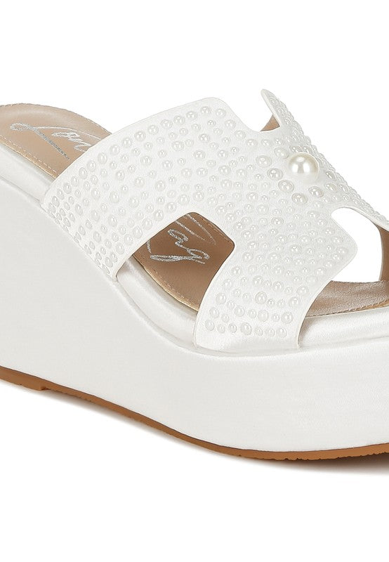 Renier Satin Pearl Detail Wedge Sandals