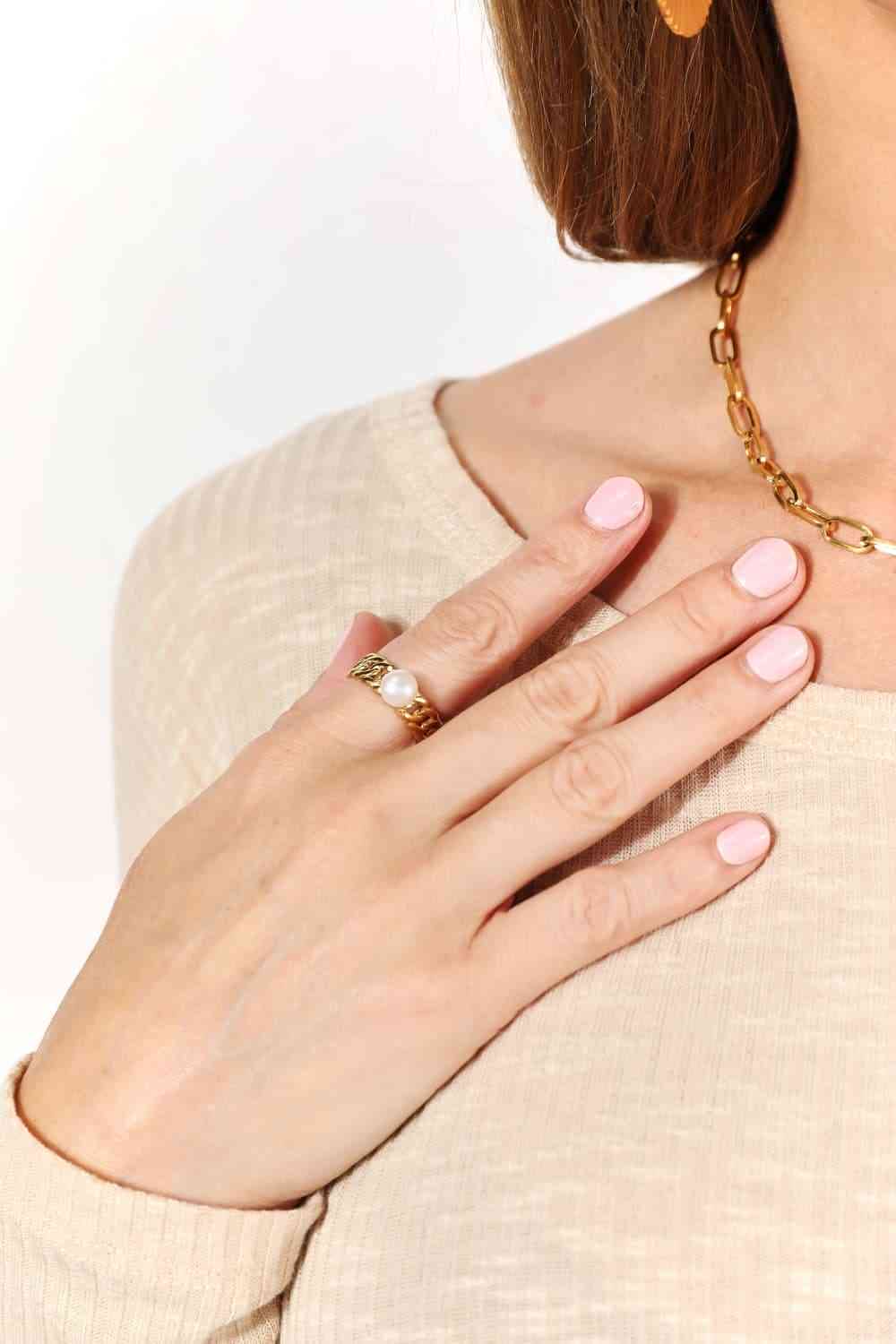 Adored Pearl Stainless Steel Open Ring Gold One Size Rings by Trendsi | Fleurcouture