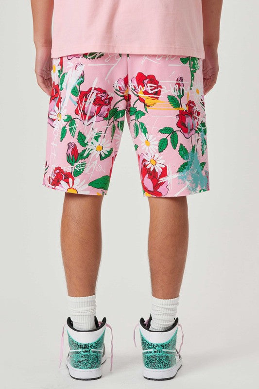 All Over Rose Bloom Print Shorts pink by First Row | Fleurcouture